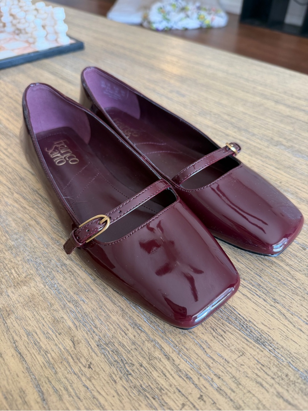 Franco Sarto Women's Burgundy Patent Mary Jane Flats with Buckle Strap - Picture 2 of 4